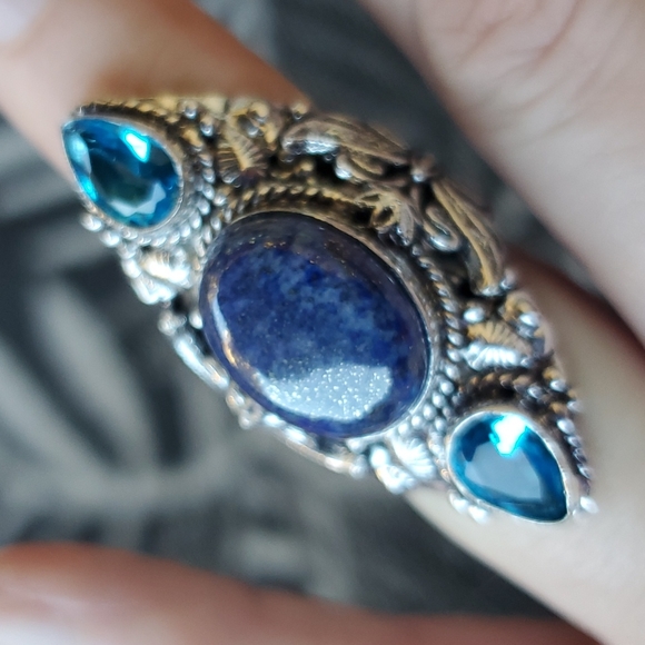 New Lapis Lazuli & Blue Topaz 925 Silver Butterflies Statement Ring. - Picture 9 of 14